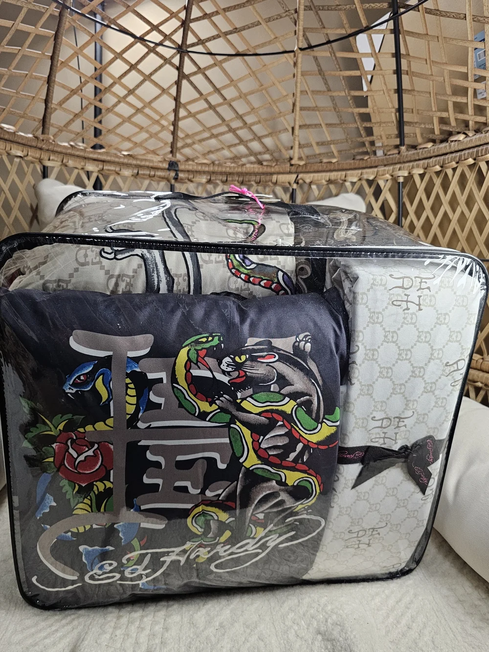 Ed Hardy 8-Piece King Reversible Bedding Set with snake and roses panthers